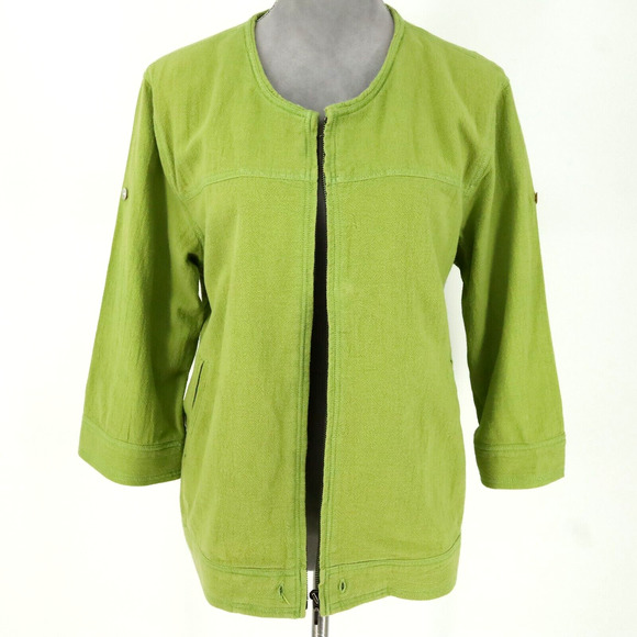 Chicos Jacket 1 Womens Medium 8 Green Full Zip Pockets Roll Tab Sleeve FLAW - Picture 2 of 16